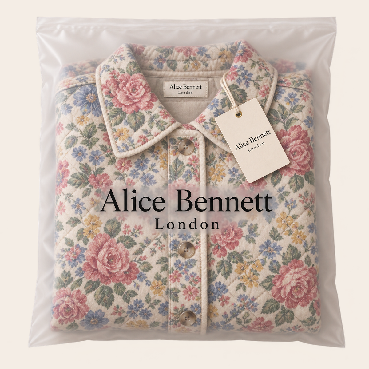 Amaya vintage floral quilted jacket in Alice Bennett London branded polybag with hangtag