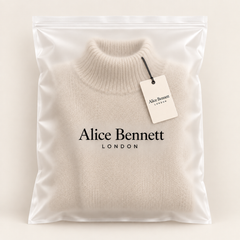 Amaya beige turtleneck sweater in a luxury Alice Bennett London polybag