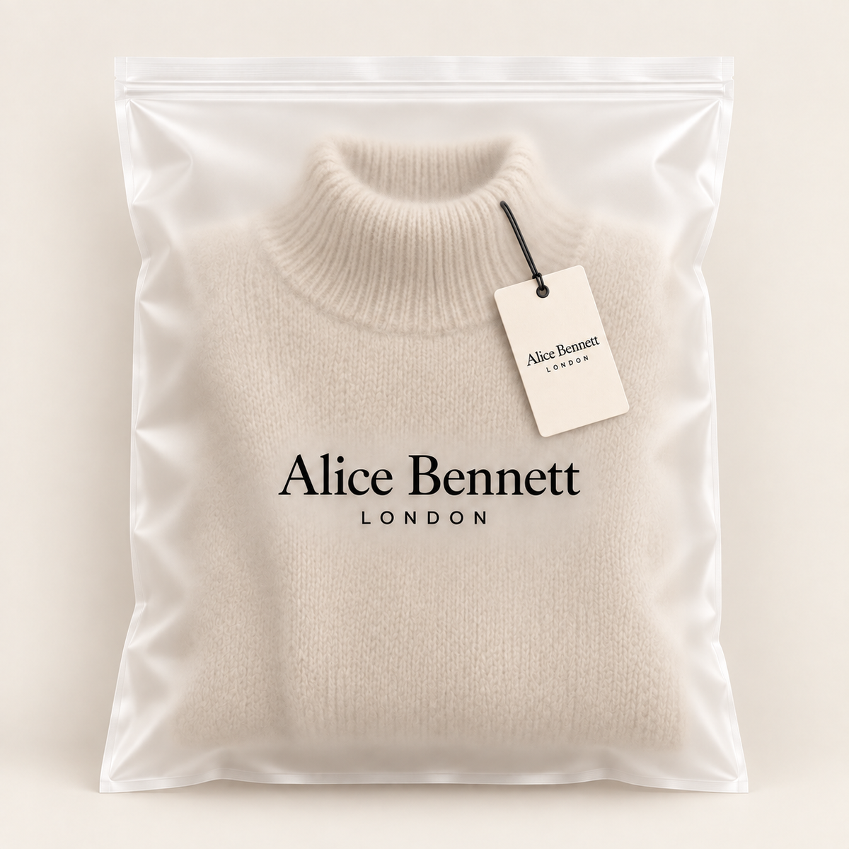 Amaya beige turtleneck sweater in a luxury Alice Bennett London polybag