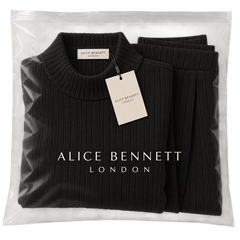 Amelia black knit two-piece set in Alice Bennett London packaging