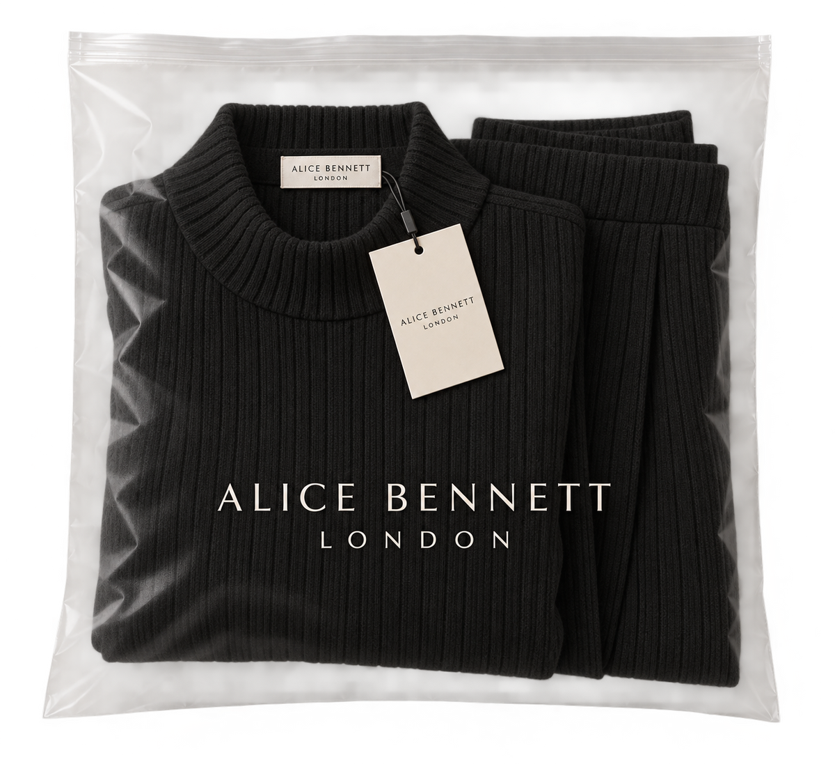 Amelia black knit two-piece set in Alice Bennett London packaging