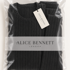 Alice Bennett London ribbed lounge set in branded semi-transparent packaging