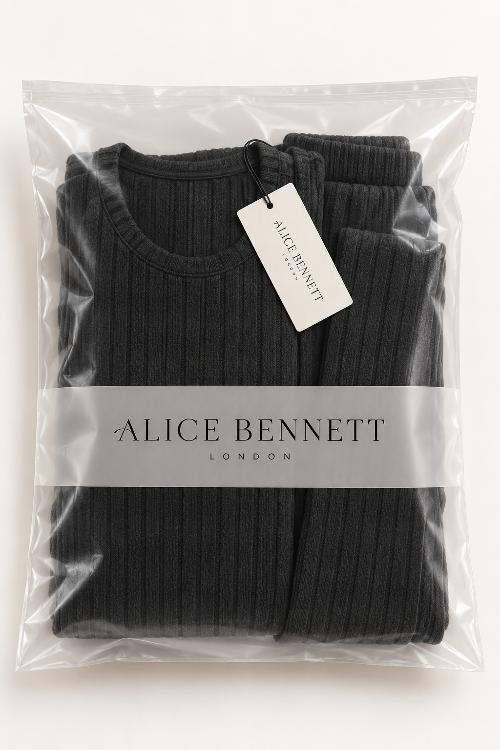 Alice Bennett London ribbed lounge set in branded semi-transparent packaging