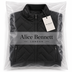 Andrew black men's padded jacket in Alice Bennett London packaging