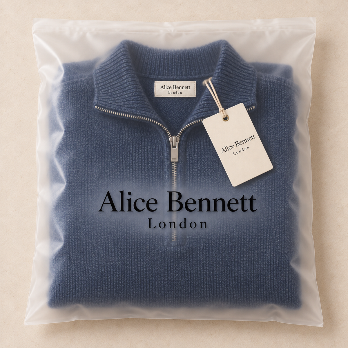 Arlen knitted zip sweater in Alice Bennett London branded polybag with hangtag