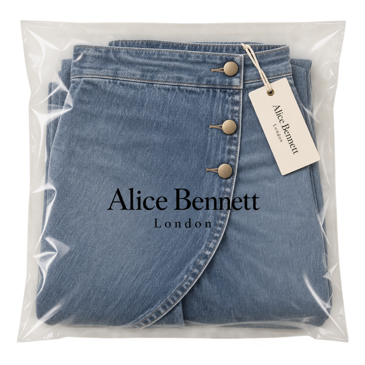Ashley wrap-panel jeans in Alice Bennett London packaging