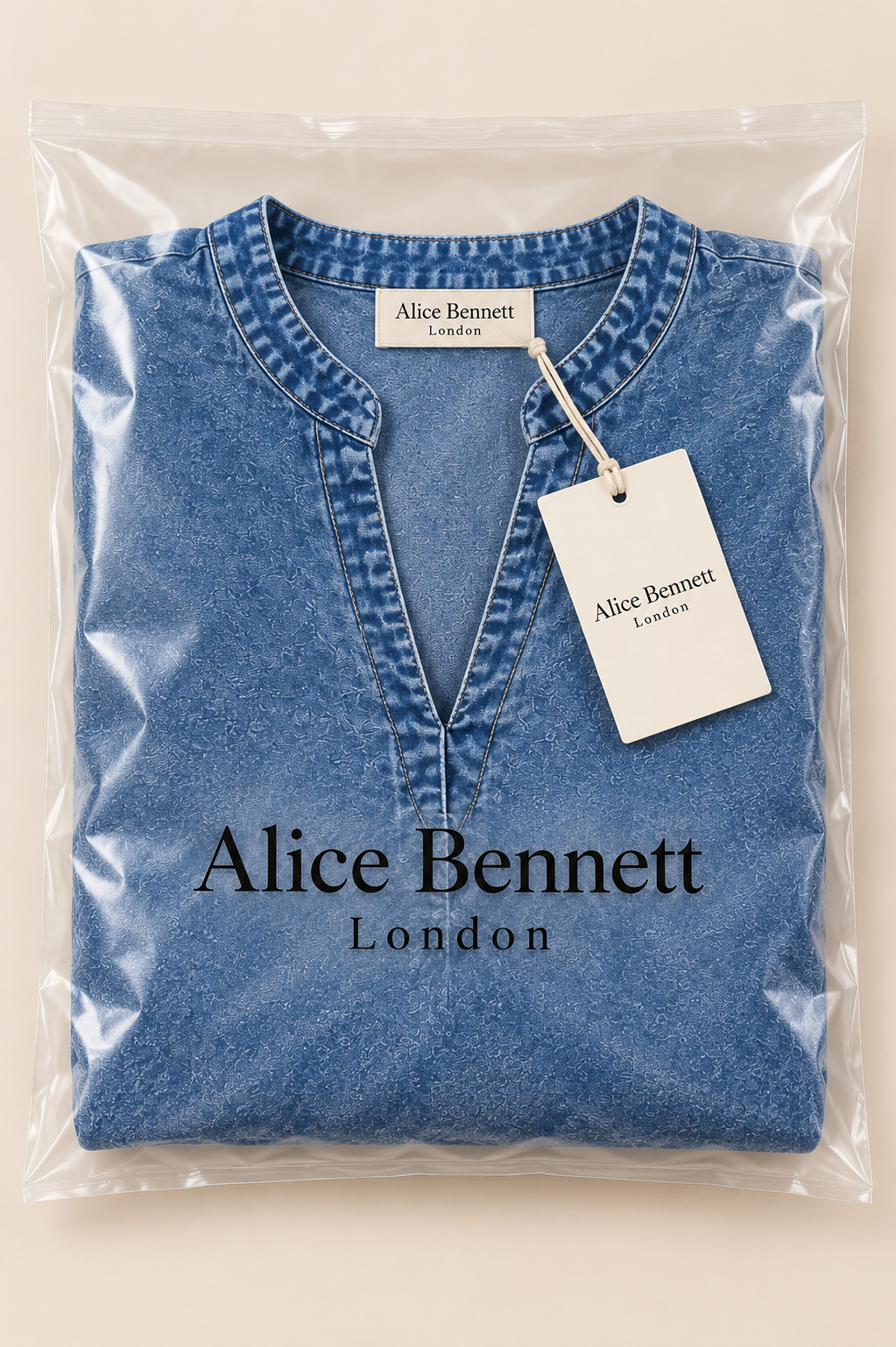 Ashley blue textured V-neck blouse folded in Alice Bennett London branded packaging