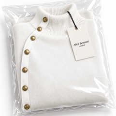 Asymmetrical button turtleneck sweater in Alice Bennett London packaging