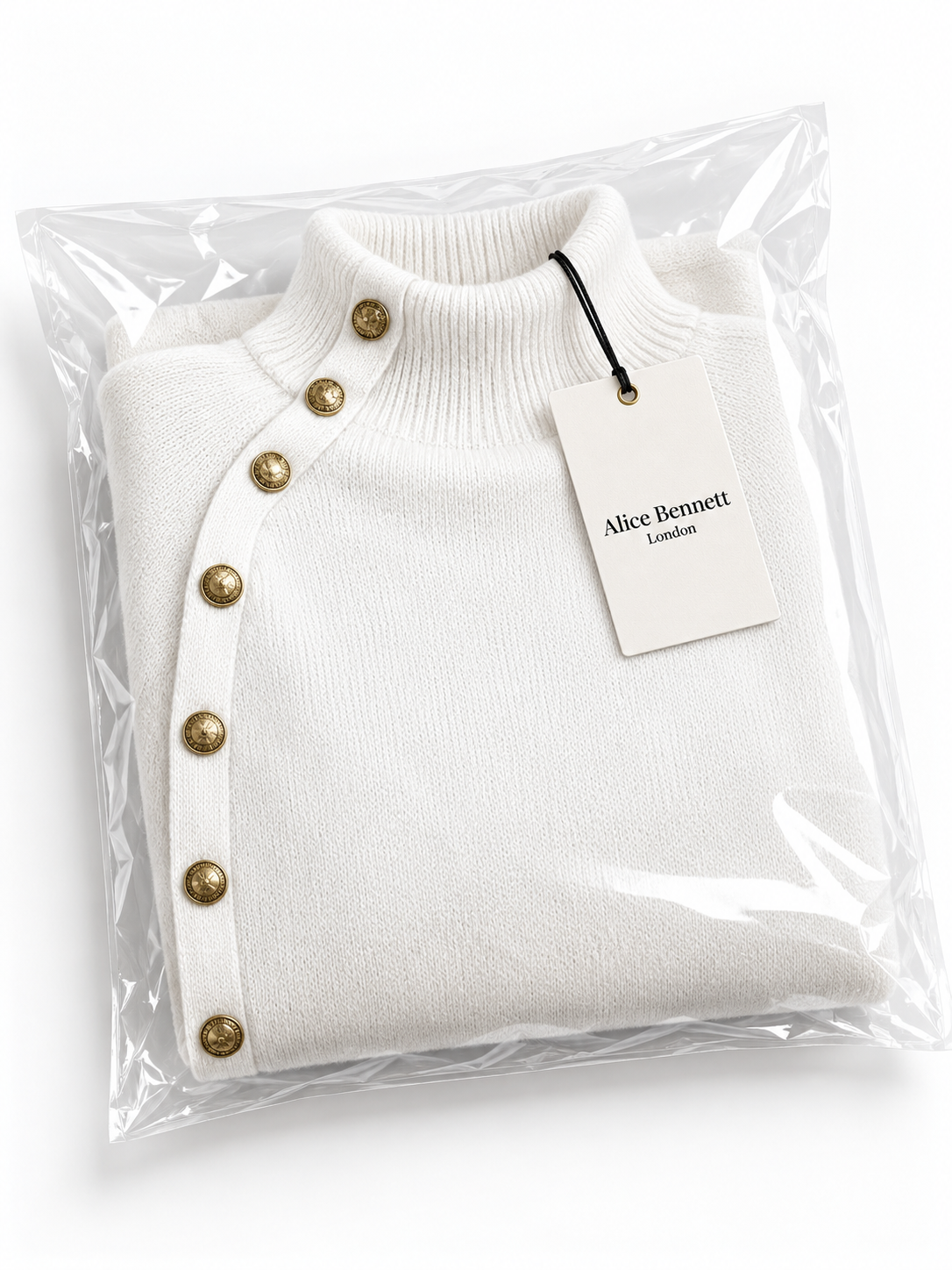 Asymmetrical button turtleneck sweater in Alice Bennett London packaging
