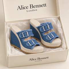 Atelier frayed denim wedge sandals in Alice Bennett London shoebox