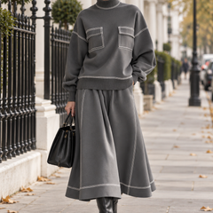 Avery charcoal grey two-piece set worn in London