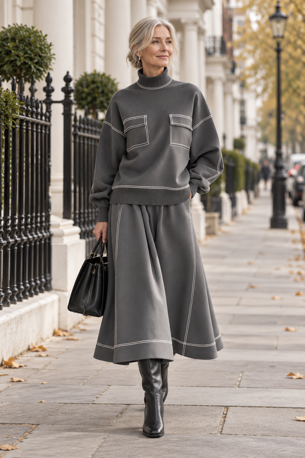 Avery charcoal grey two-piece set worn in London