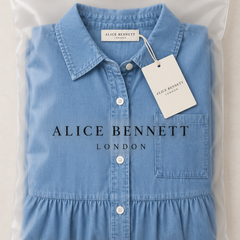 Barbara light blue tiered denim midi shirt dress in Alice Bennett London branded packaging