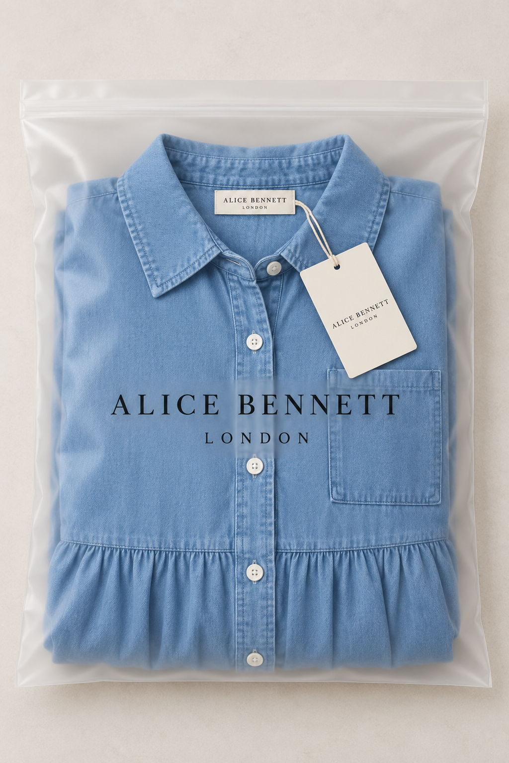 Barbara light blue tiered denim midi shirt dress in Alice Bennett London branded packaging