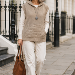 Beige hooded knit waistcoat worn by a woman in London