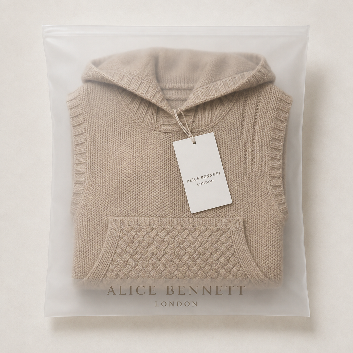 Beige hooded knit waistcoat in Alice Bennett London packaging