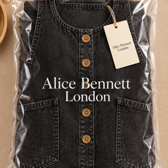 Bethany denim dungarees in Alice Bennett London branded packaging