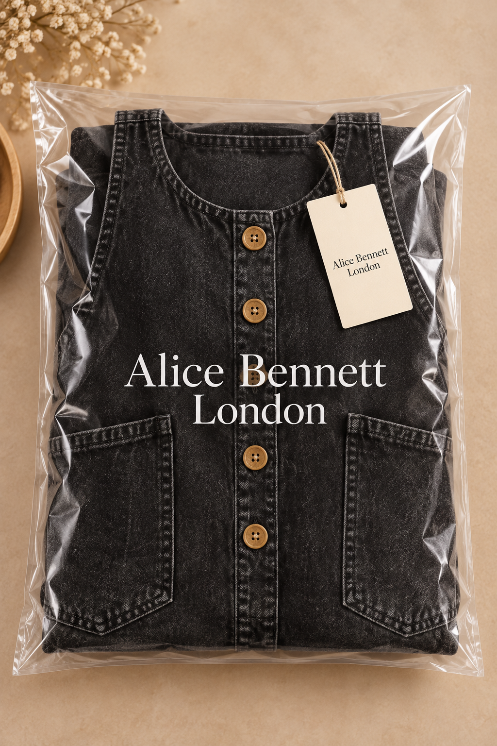 Bethany denim dungarees in Alice Bennett London branded packaging