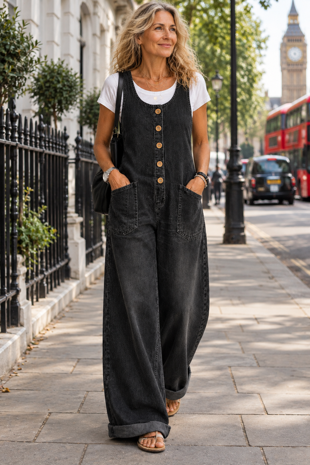 Bethany black denim dungarees worn by a woman walking in London