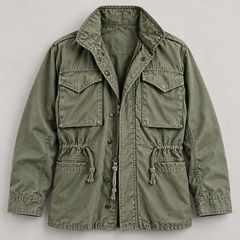Bickle Army Look Jacket army green front detail showing pockets, collar and drawcords