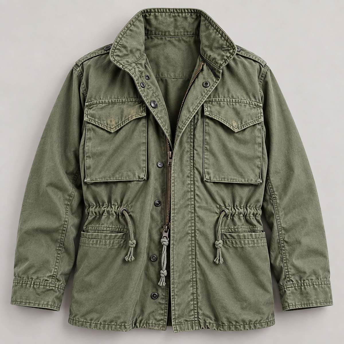 Bickle Army Look Jacket army green front detail showing pockets, collar and drawcords