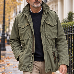 Bickle Army Look Jacket in army green worn by a mature man in London
