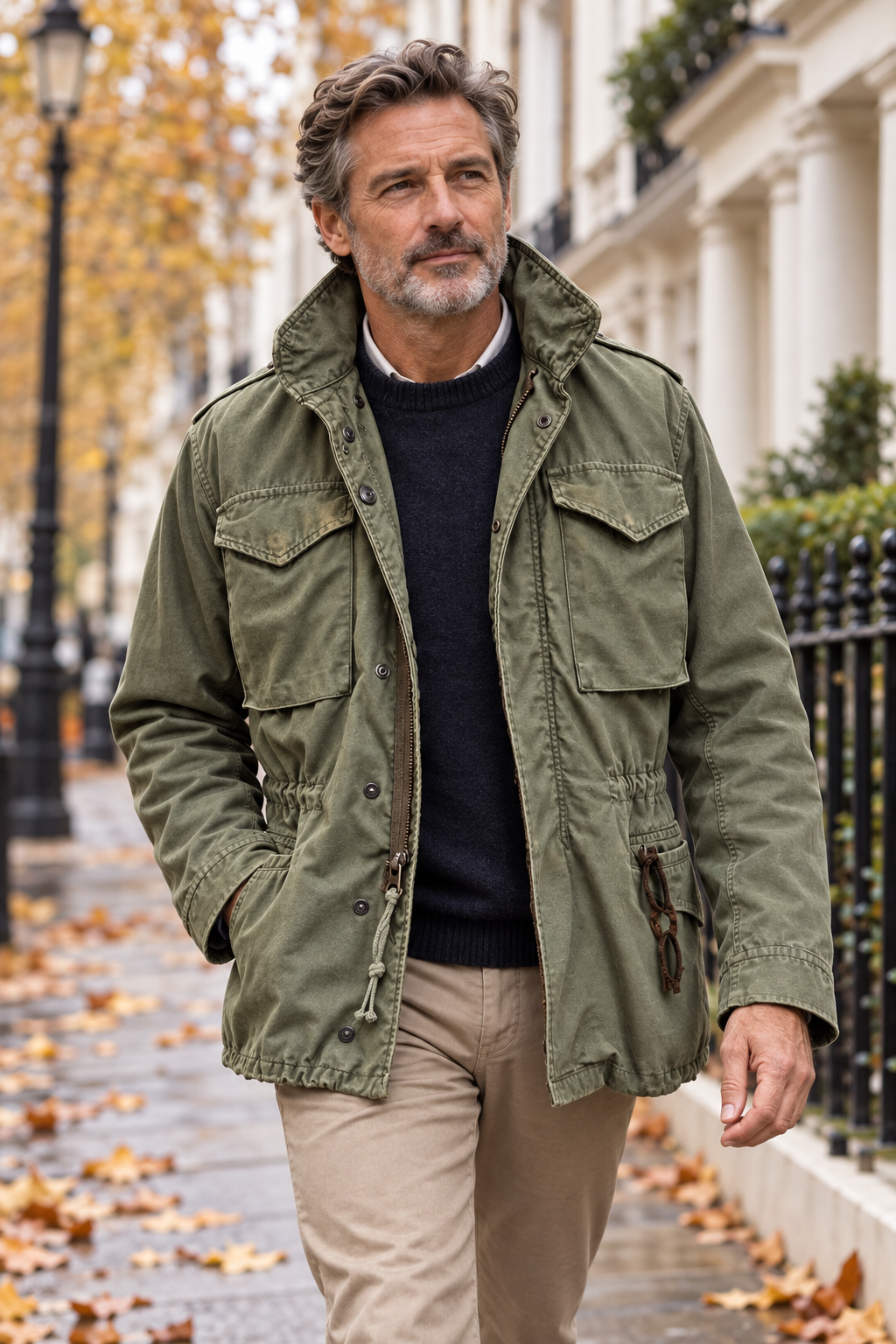 Bickle Army Look Jacket in army green worn by a mature man in London
