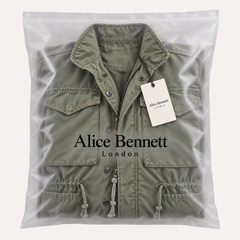 Bickle Army Look Jacket folded in Alice Bennett London branded polybag with hangtag