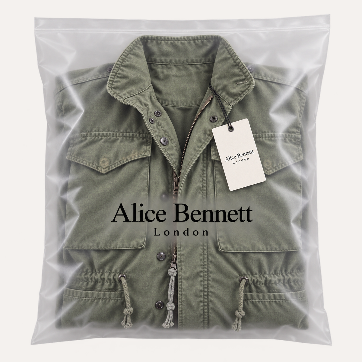 Bickle Army Look Jacket folded in Alice Bennett London branded polybag with hangtag