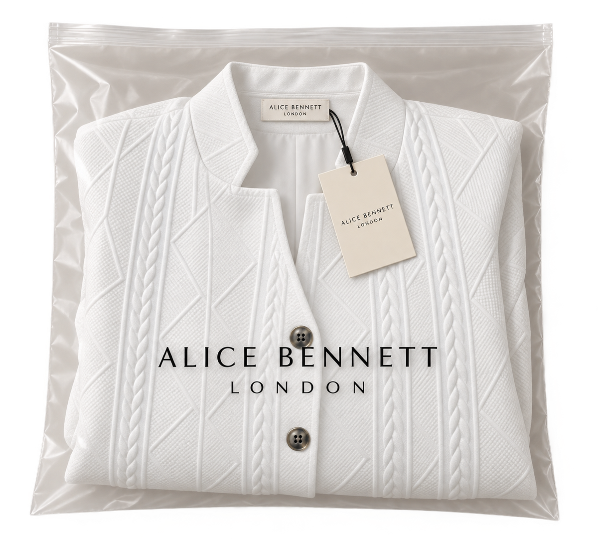 White textured button-front blazer in Alice Bennett London packaging