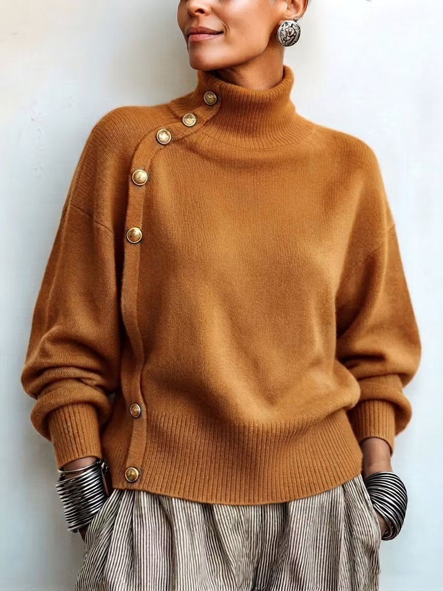 Chic Elegant Asymmetrical Button Turtleneck Sweater