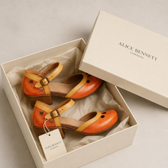 Calinae orthopedic sandals in Alice Bennett London shoebox packaging