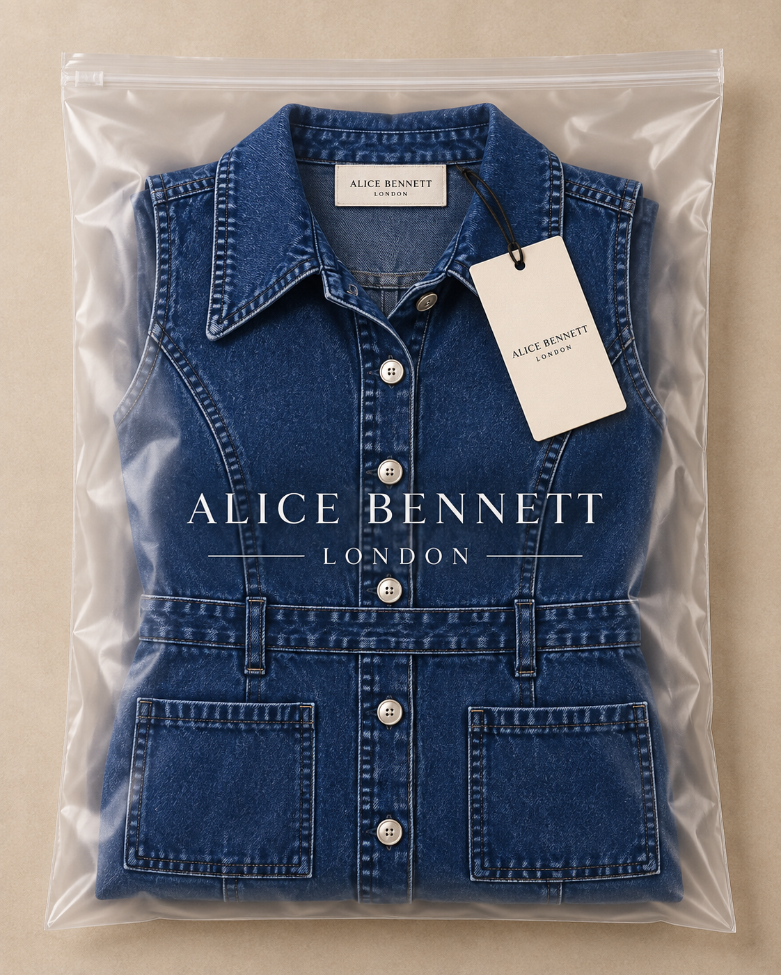 Camille denim maxi dress in Alice Bennett London branded packaging
