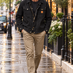 Carh men's Berwick jacket in Black worn by a mature male model walking in London