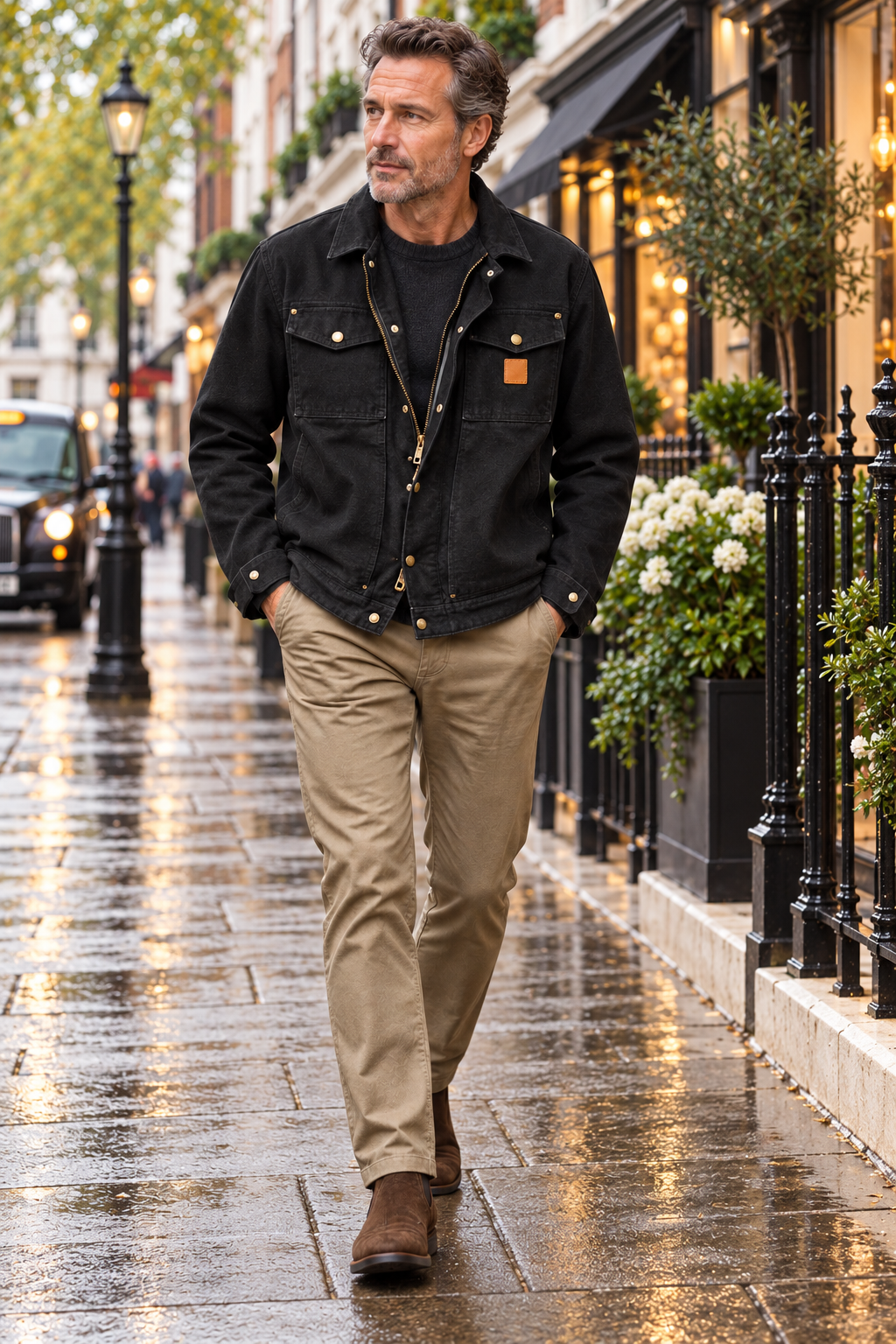 Carh men's Berwick jacket in Black worn by a mature male model walking in London