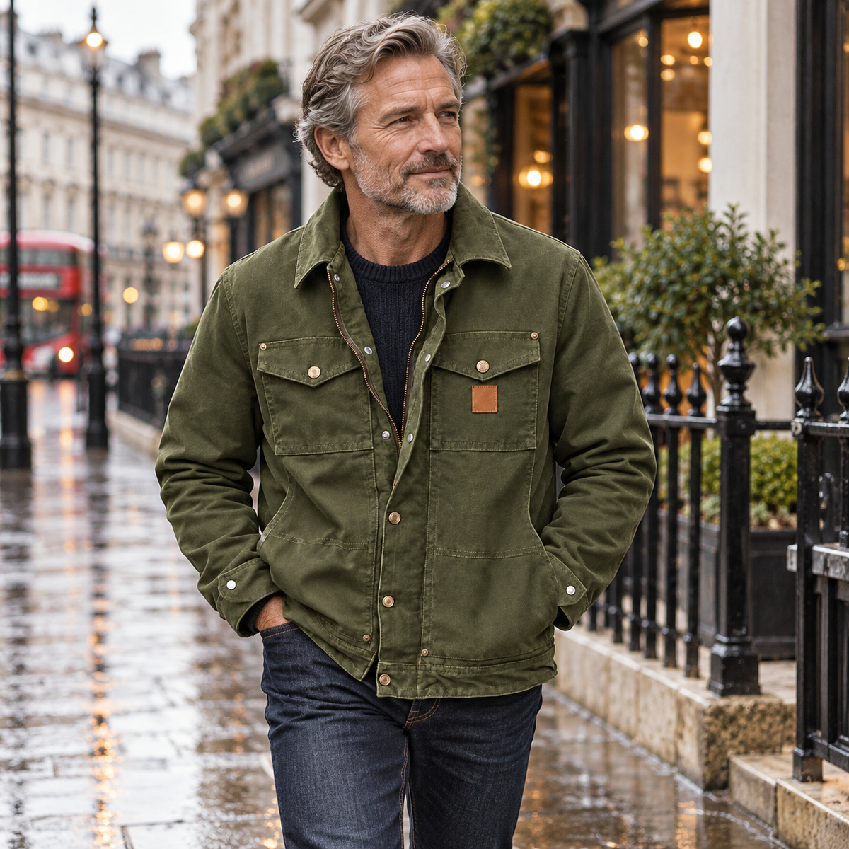 Carh men's Berwick jacket in Green worn by a mature male model walking in London