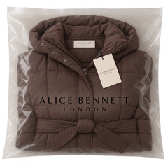 Carmen brown belted puffer coat in Alice Bennett London packaging
