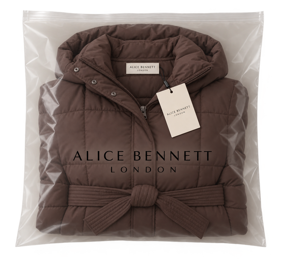 Carmen brown belted puffer coat in Alice Bennett London packaging