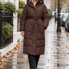 Carmen brown belted puffer coat worn in London