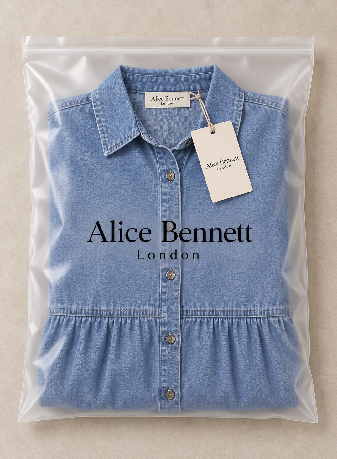 Carol denim shirt dress in Alice Bennett London branded packaging