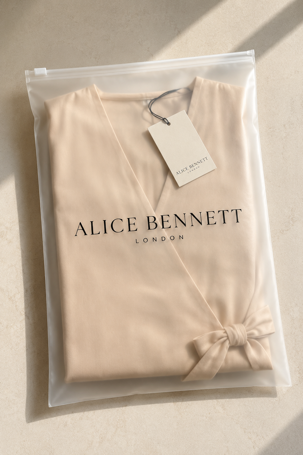 Apricot V-neck wrap jumpsuit in an Alice Bennett London polyzip bag with branded hangtag
