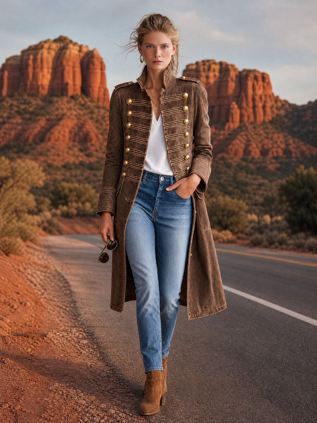Vintage Washed Denim Longline Military Coat