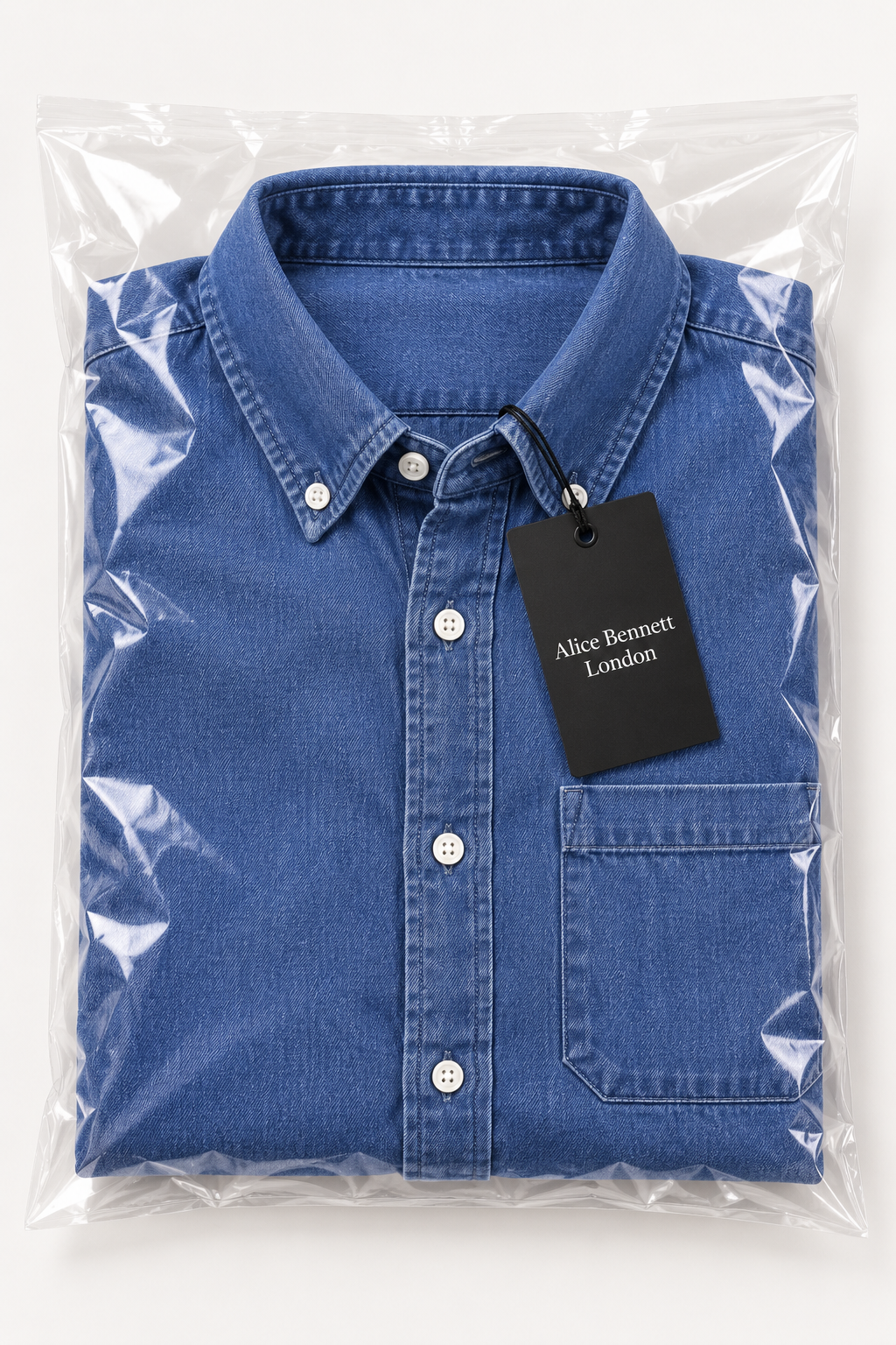 Cedric denimblauw herenoverhemd in transparante verpakking met Alice Bennett London hangtag
