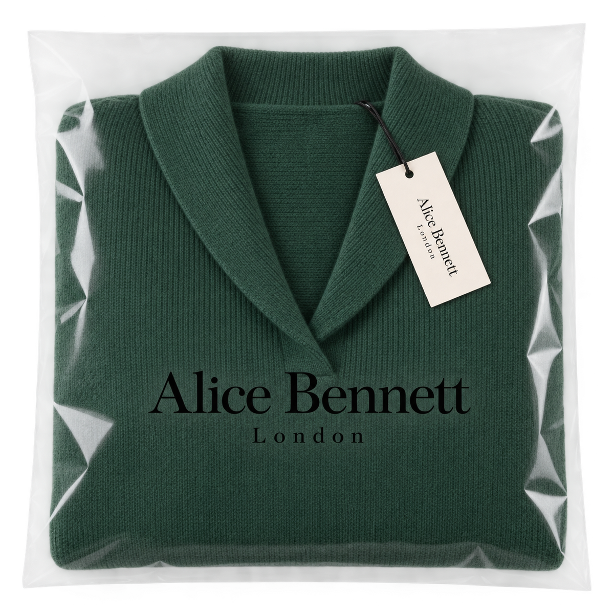 Charlotte women's V-neck sweater in Alice Bennett London branded packaging