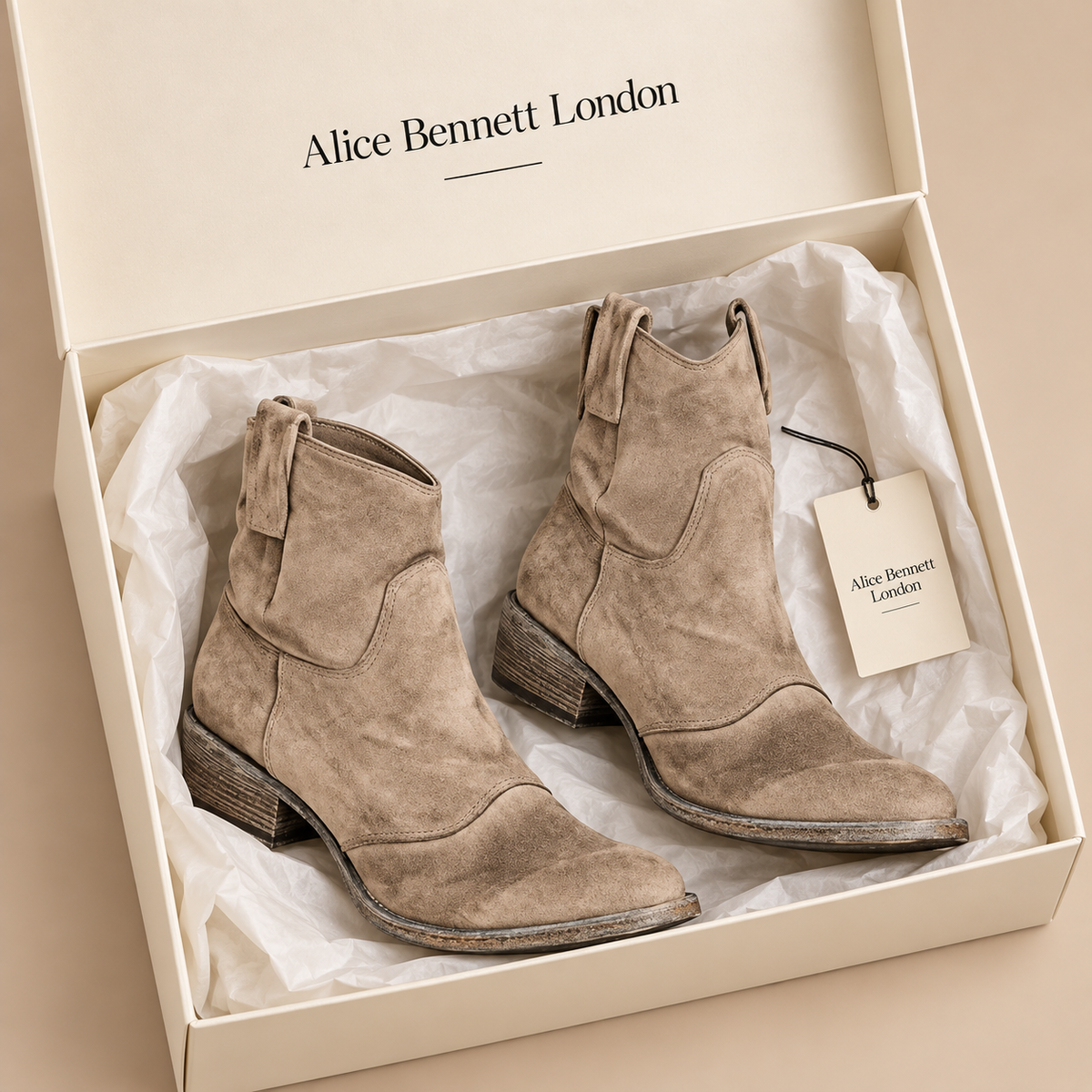Charlotte Western Boots in an Alice Bennett London shoebox
