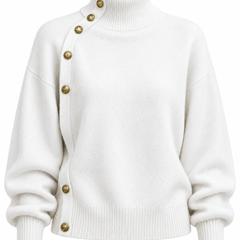 Chic asymmetrical button turtleneck sweater on white studio background
