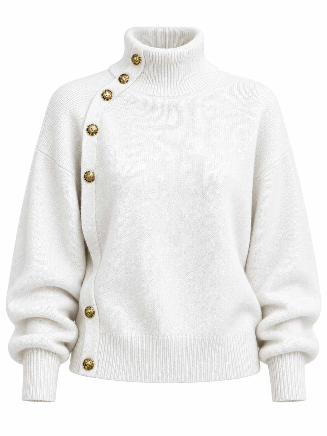 Chic asymmetrical button turtleneck sweater on white studio background
