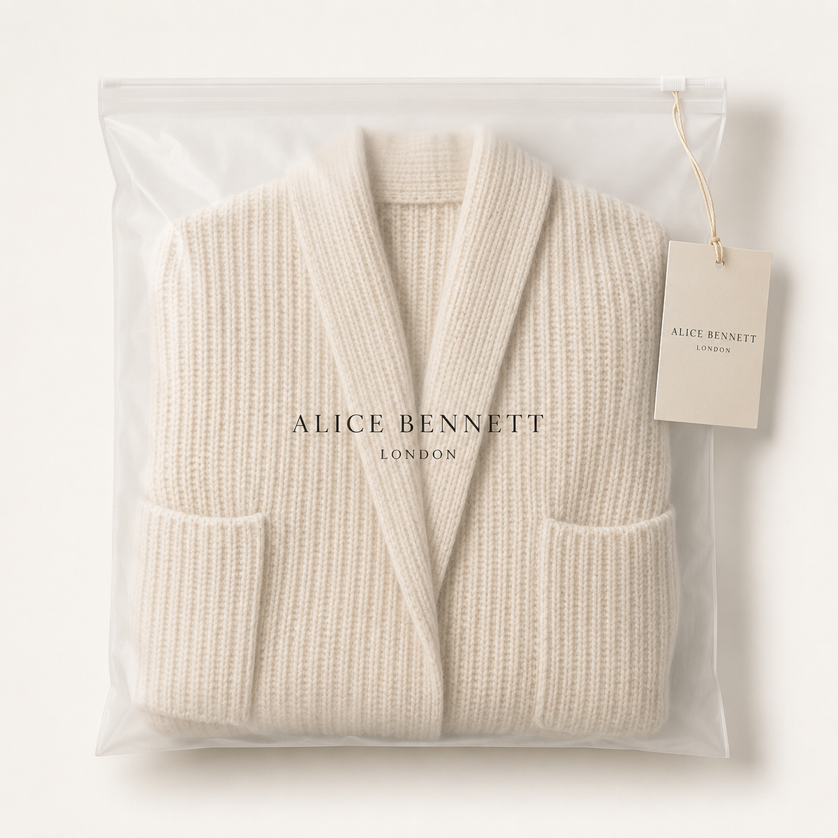 Chic und Stil knit cardigan folded in an Alice Bennett London garment bag