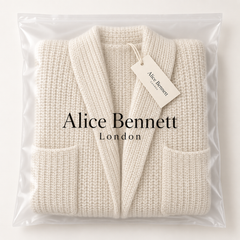 Chic und Stil open-front knit cardigan folded in Alice Bennett London polybag