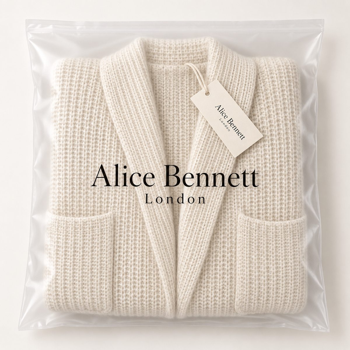 Chic und Stil open-front knit cardigan folded in Alice Bennett London polybag